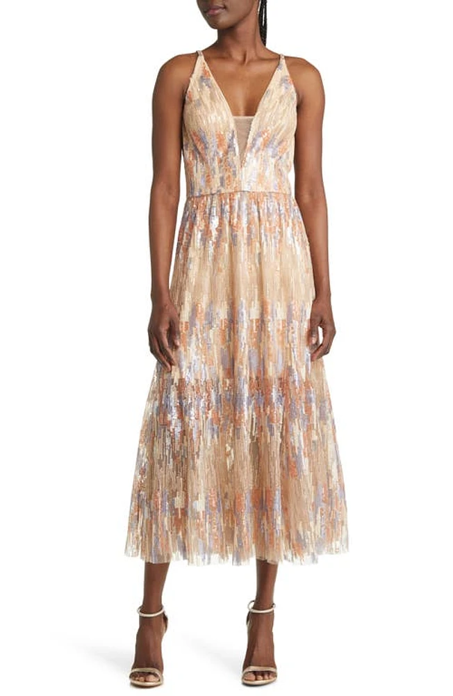 Dress the Population Sierra Sequin Plunge Neck Gown Beige Multi at Nordstrom,