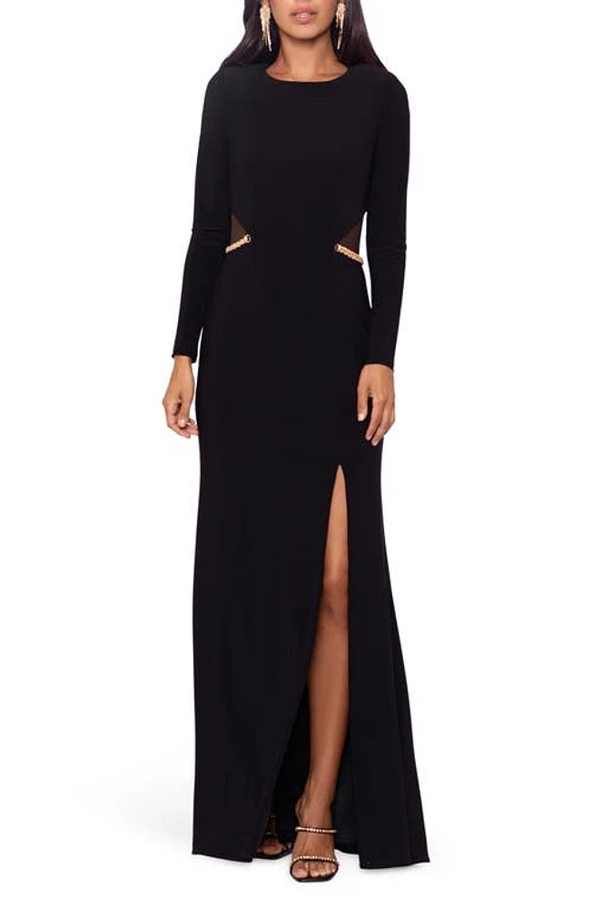 Xscape Evenings Illusion Cutout Long Sleeve Evening Gown Black/Gold at Nordstrom,