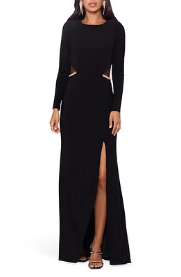 Xscape Evenings Illusion Cutout Long Sleeve Evening Gown Black/Gold at Nordstrom,