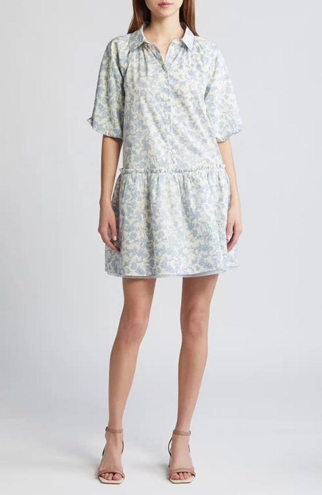 En Saison Egret Floral Cotton Minidress White Light Blue at Nordstrom,