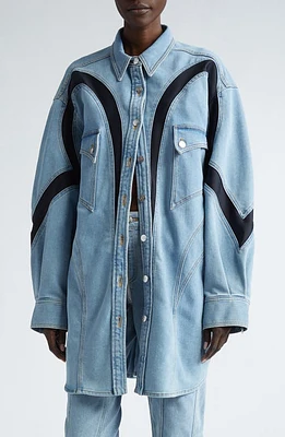 MUGLER Spiral Oversize Stretch Denim Western Shirt in Light Blue /Black at Nordstrom, Size 14 Us