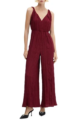 MANGO Wide Leg Plissé Jumpsuit Maroon at Nordstrom,