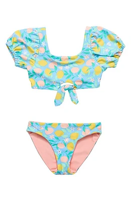 Snapper Rock Kids' Lemon Drops Puff Sleeve Knot Front Two-Piece Swimsuit Blue Multi at Nordstrom,