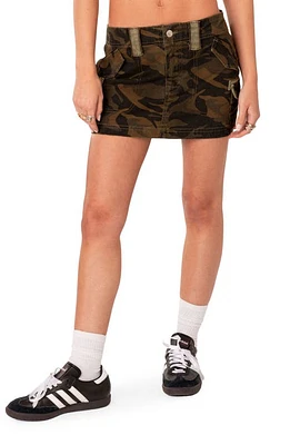 EDIKTED Harlyn Camo Low Rise Denim Cargo Miniskirt Olive at Nordstrom,