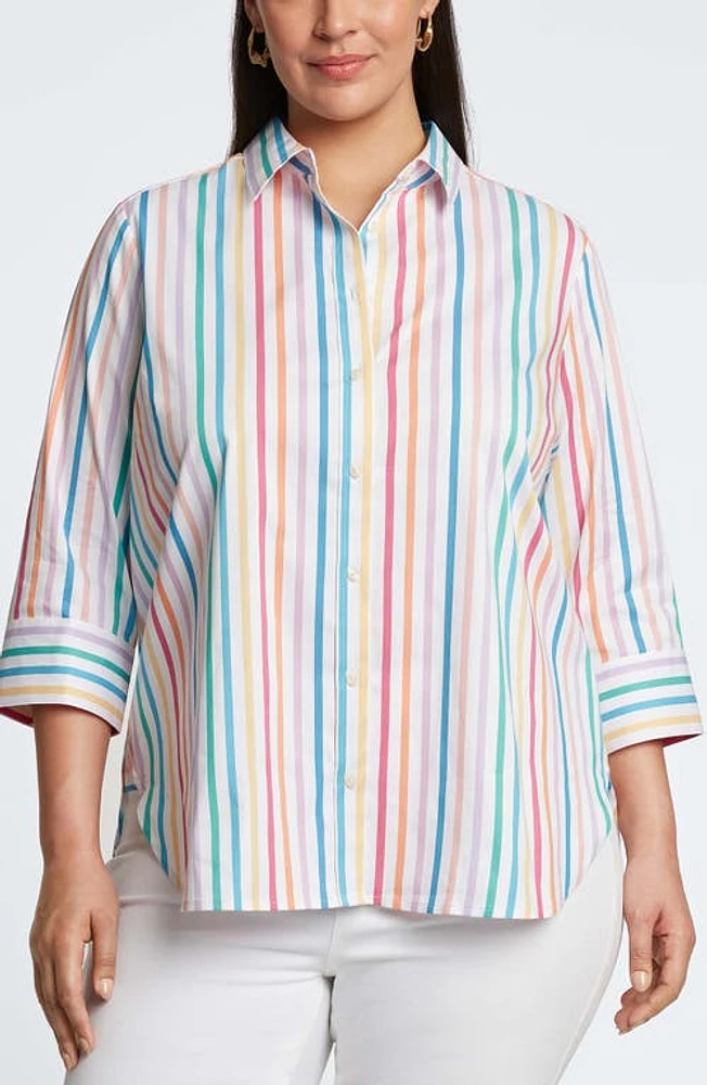 Foxcroft Meghan Rainbow Stripe Cotton Button-Up Shirt White Multi at Nordstrom,