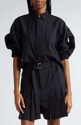 Sacai Mixed Media Chalk Stripe Puff Sleeve Suiting & Nylon Shirt in Navy at Nordstrom, Size 3