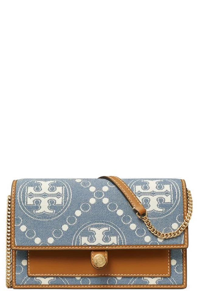 Tory Burch T Monogram Denim Wallet on a Chain in Blue Multi at Nordstrom