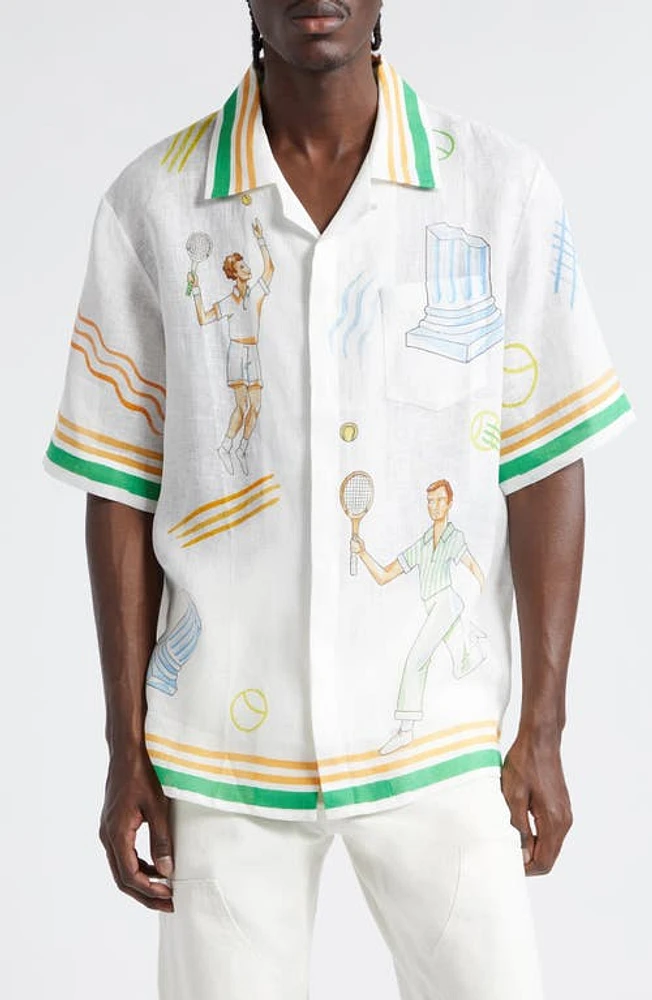 Casablanca Tennis Club Short Sleeve Linen Button-Up Shirt in Tennis Play Icon at Nordstrom, Size Small