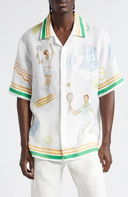 Casablanca Tennis Club Short Sleeve Linen Button-Up Shirt in Tennis Play Icon at Nordstrom, Size Small