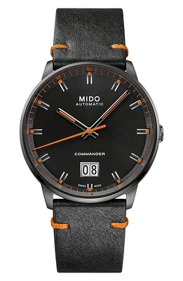 MIDO Commander Big Date Automatic Leather Strap Watch, 42mm in Black at Nordstrom