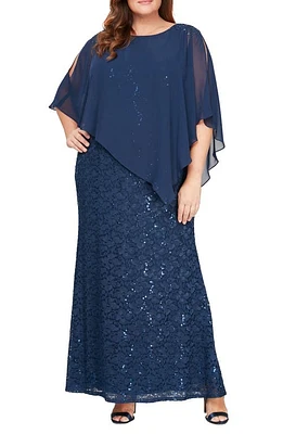 SLNY Sequin Floral Lace Dress with Capelet New Navy at Nordstrom,