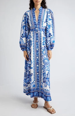 FARM Rio Flora Tapestry Long Sleeve Linen Blend Shirtdress at Nordstrom,