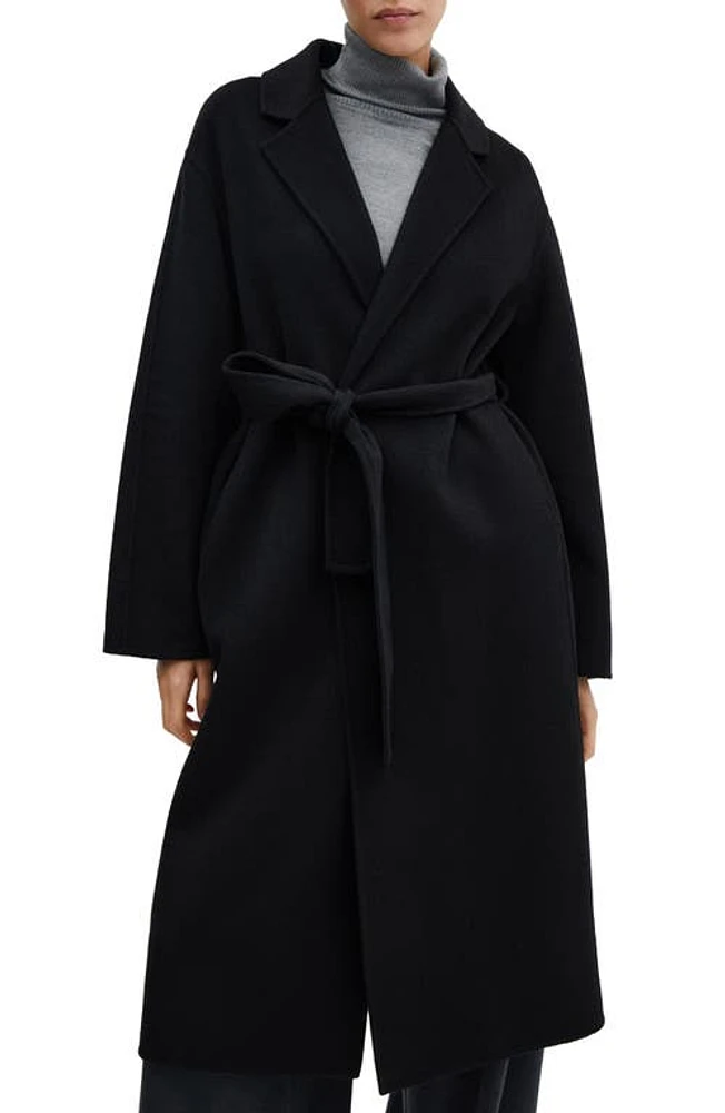 MANGO Belted Wool Blend Coat in Black at Nordstrom, Size Large