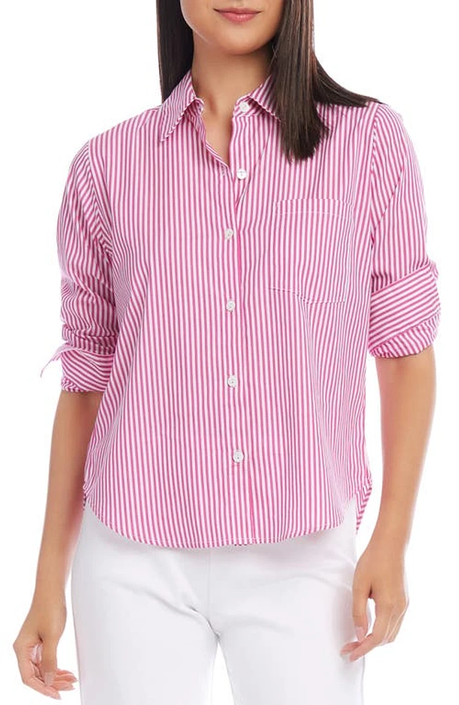 Karen Kane Stripe Ruched Sleeve Cotton Button-Up Shirt at Nordstrom