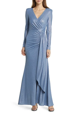 Vince Camuto Ruched Metallic Side Drape Long Sleeve Gown Blue at Nordstrom,