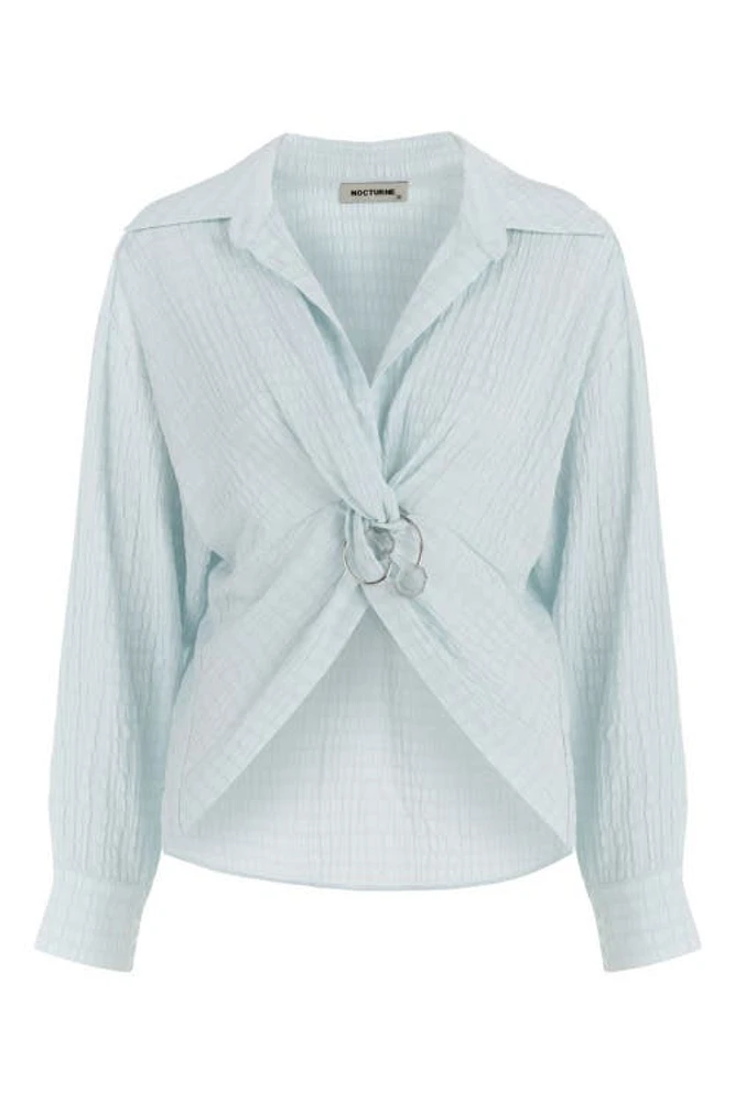 Nocturne Textured Blouse with Front Knot in Blue at Nordstrom