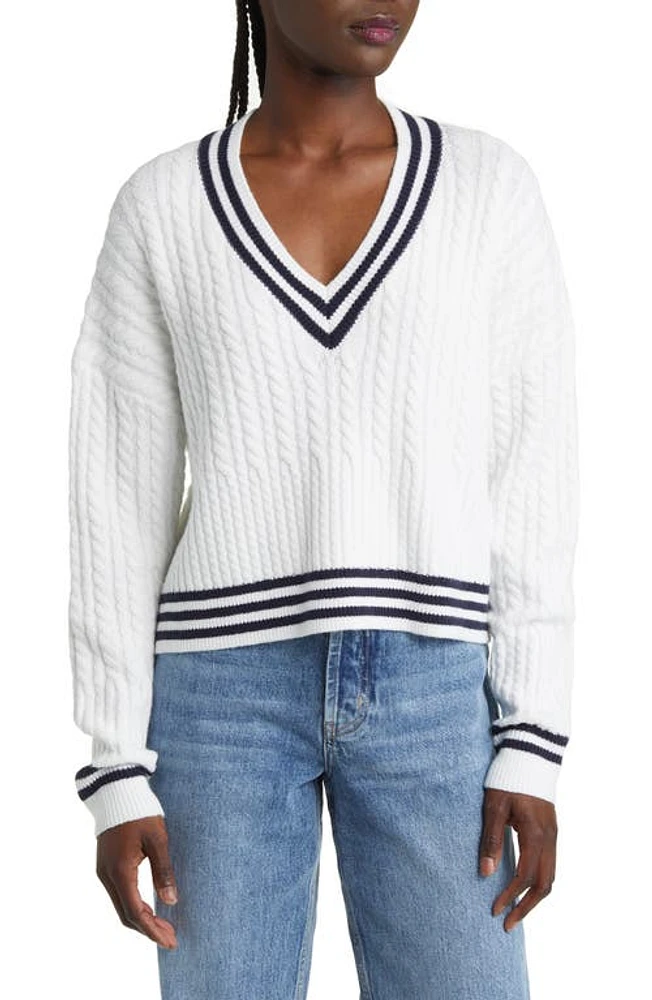 French Connection Babysoft V-Neck Cable Knit Sweater Winter White/Duchess Blue at Nordstrom,