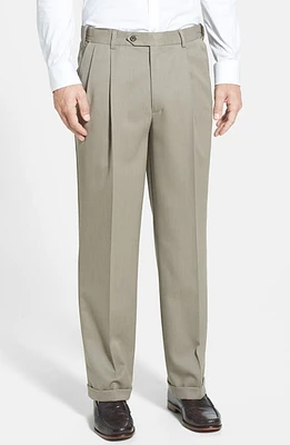 Berle Self Sizer Waist Pleated Classic Fit Wool Gabardine Dress Pants Tan at Nordstrom, X Unhemmed