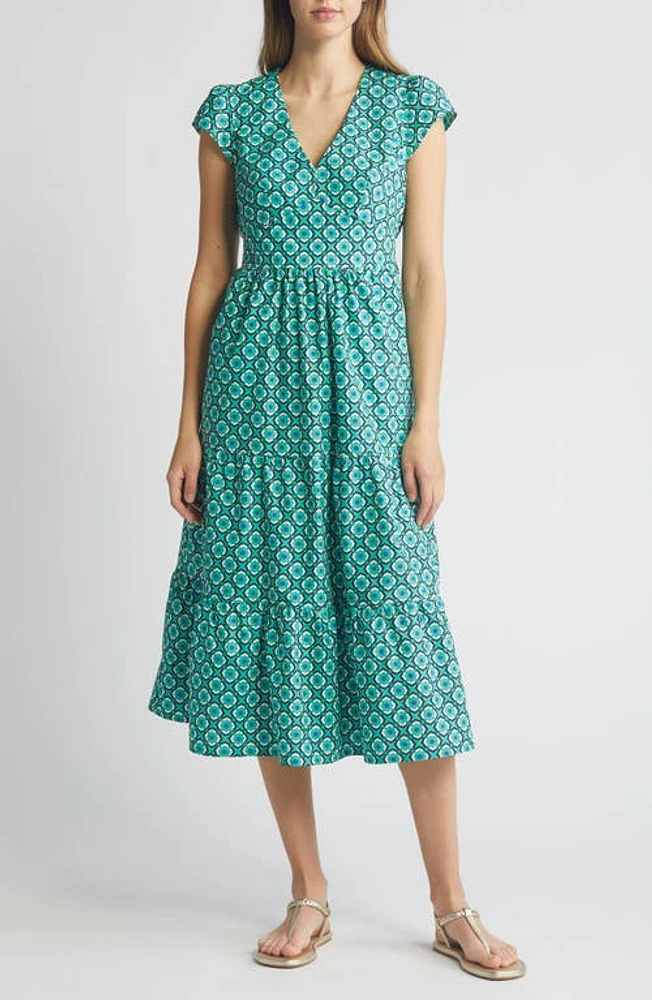 Boden May Short Sleeve Cotton Midi Dress in Green Geo Pome at Nordstrom, Size 16