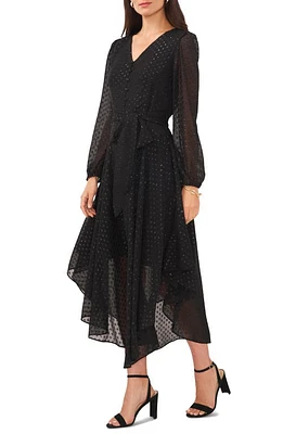 Chaus V-Neck Long Sleeve Button-Front Tie Waist Maxi Dress Black/Black at Nordstrom,