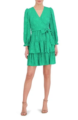 Eliza J Floral Appliqué Long Sleeve Tiered Dress Green at Nordstrom,