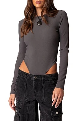 EDIKTED Dance Academy Open Back Long Sleeve Bodysuit Dark-Gray at Nordstrom,