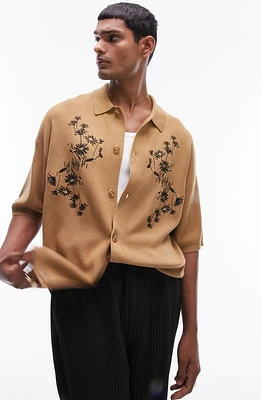 Topman Western Embroidered Short Sleeve Cardigan Tan at Nordstrom,