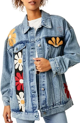 Free People Annie's Flower Bomb Oversize Patchwork Denim Jacket in Denim Medium Blue at Nordstrom, Size X-Small