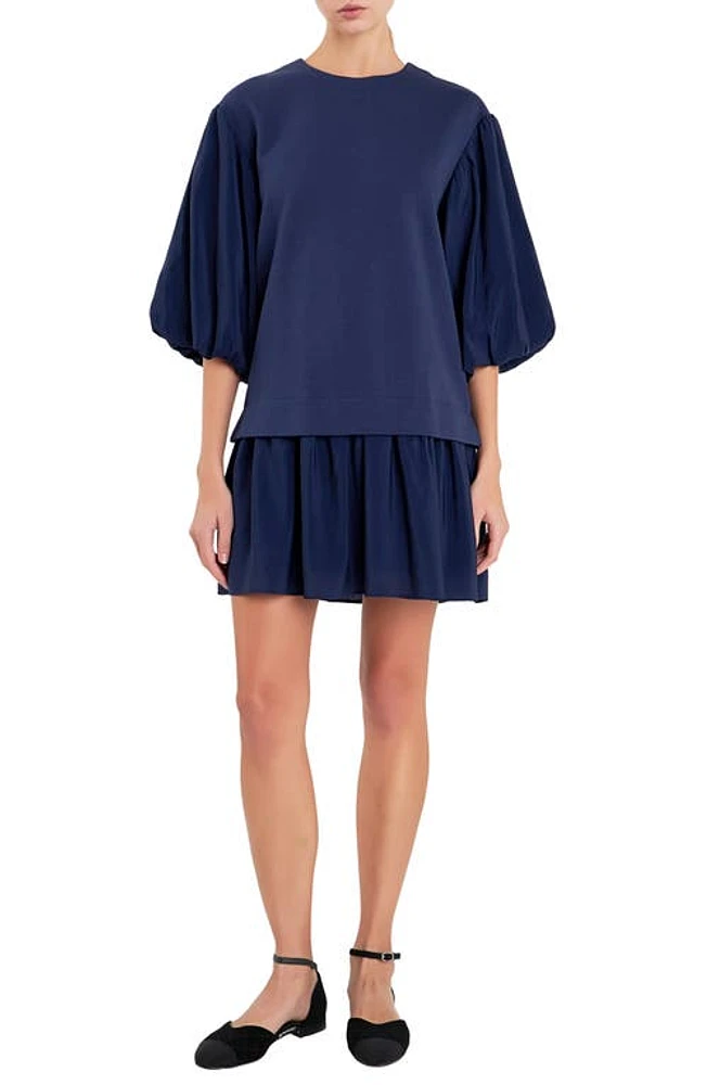 English Factory Mixed Media Blouson Dress Navy at Nordstrom,