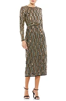 Mac Duggal Long Sleeve Embellished Column Midi Dress Black Gold at Nordstrom,