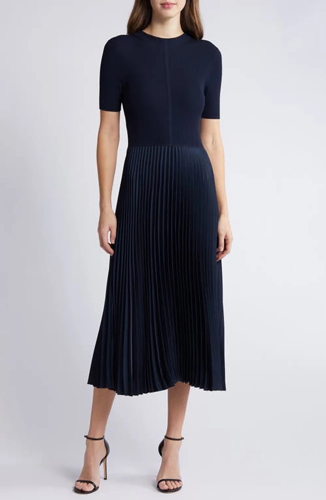 BOSS Fadrid Rib & Pleated Midi A-Line Dress Sky Captain at Nordstrom,