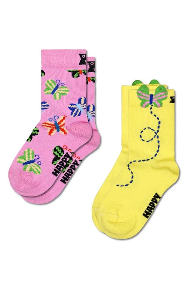 Happy Socks Kids' Butterfly Assorted 2-Pack Crew Socks in Pink at Nordstrom, Size 2-3