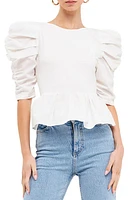 English Factory Pleated Puff Sleeve Peplum Blouse White at Nordstrom,