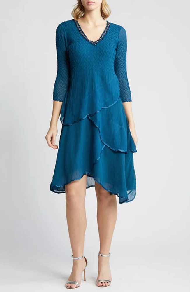 Komarov Beaded Tiered Chiffon Cocktail Dress Mediterranean Blue at Nordstrom,