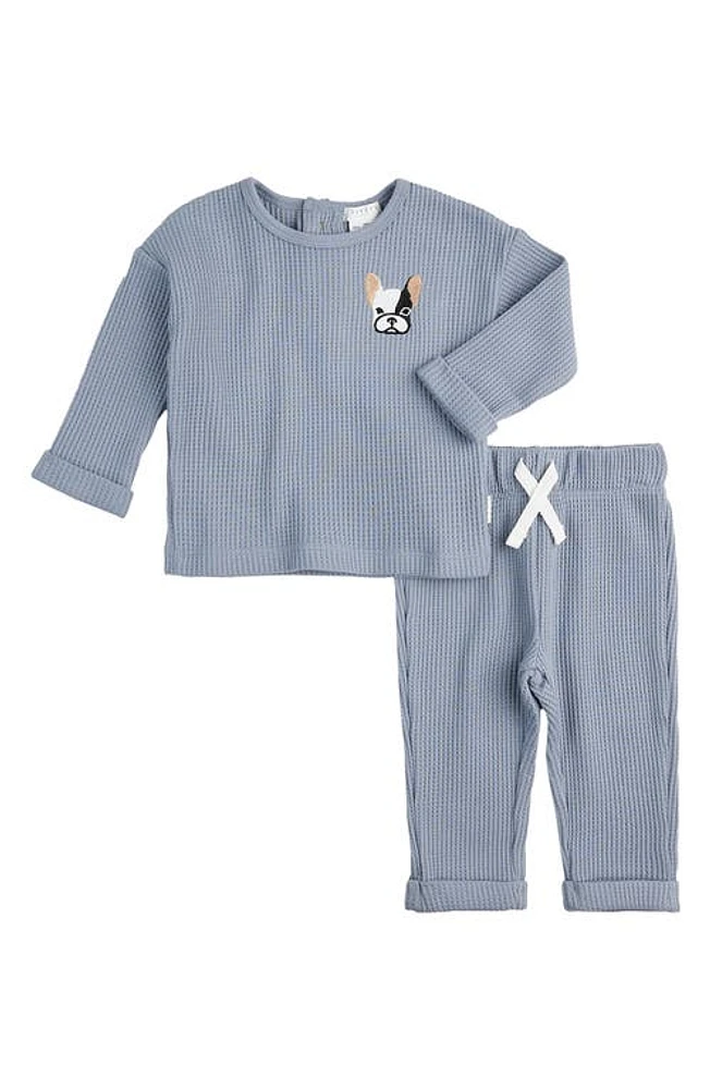 FIRSTS by Petit Lem Frenchie Appliqué Thermal Knit Henley & Pants Set Blue at Nordstrom, M