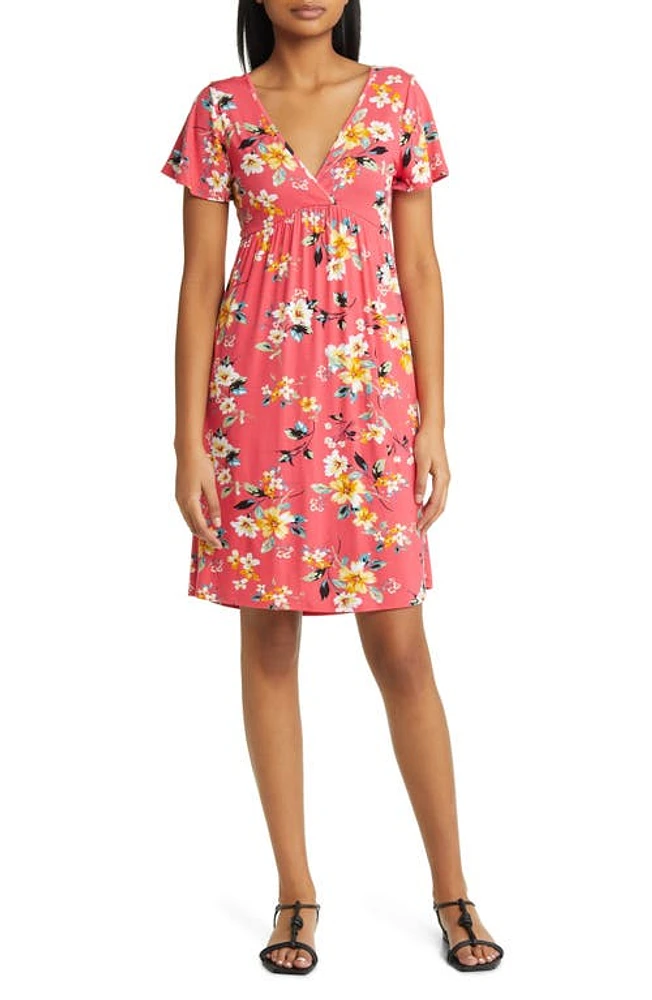 Loveappella Floral Tie Back Surplice V-Neck Knit Minidress Coral at Nordstrom,