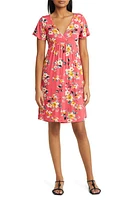 Loveappella Floral Tie Back Surplice V-Neck Knit Minidress Coral at Nordstrom,