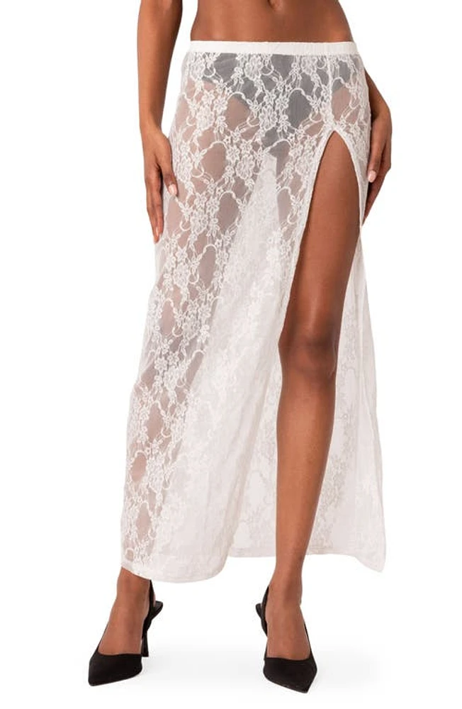 EDIKTED Aura Low Rise Sheer Lace Maxi Skirt White at Nordstrom,