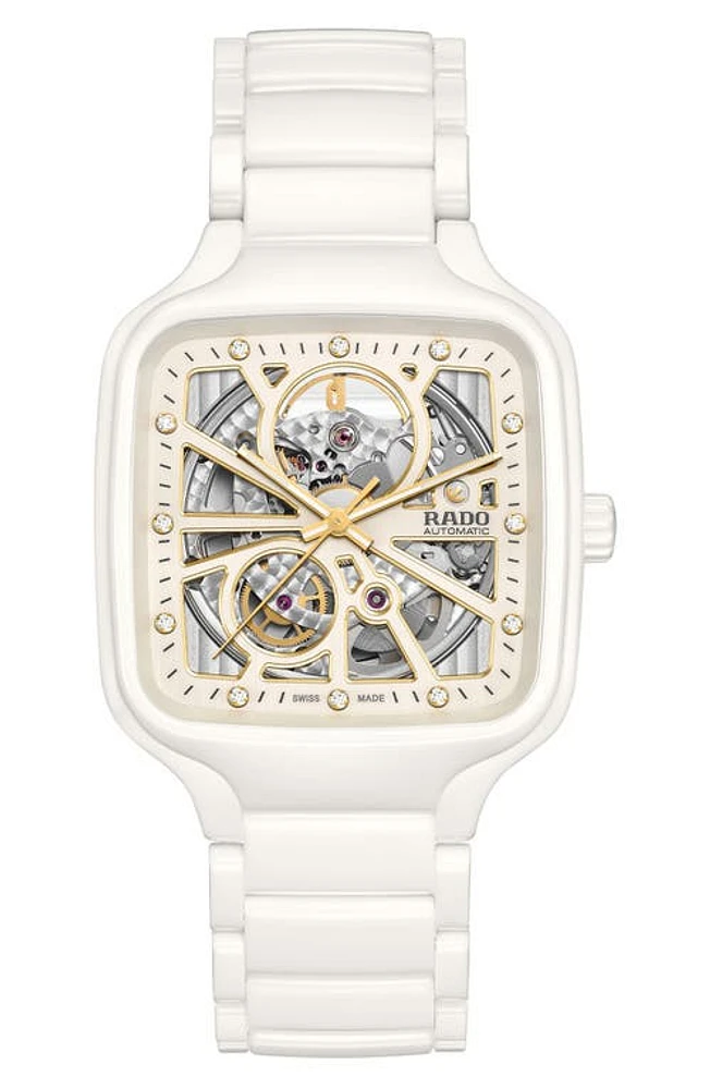 RADO True Square Open Heart Automatic Bracelet Watch, 38mm in White at Nordstrom