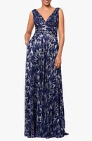 Betsy & Adam Metallic Floral A-Line Gown Navy/Gunmetal at Nordstrom,