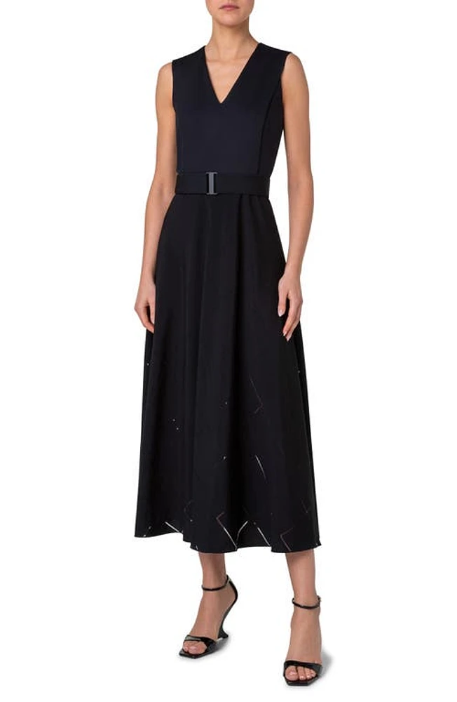 Akris punto Mixed Media Windowpane Check Belted Midi Dress Black at Nordstrom,