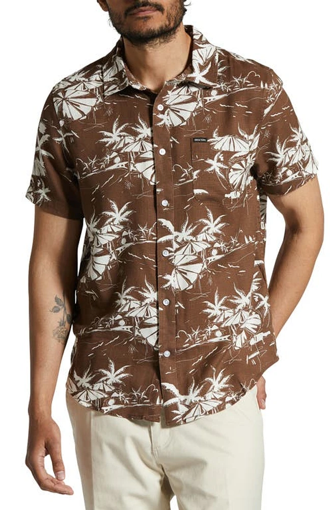 Brixton Charter Classic Fit Tropical Print Short Sleeve Slub Button-Up Shirt Sepia Umbrella Scene at Nordstrom,