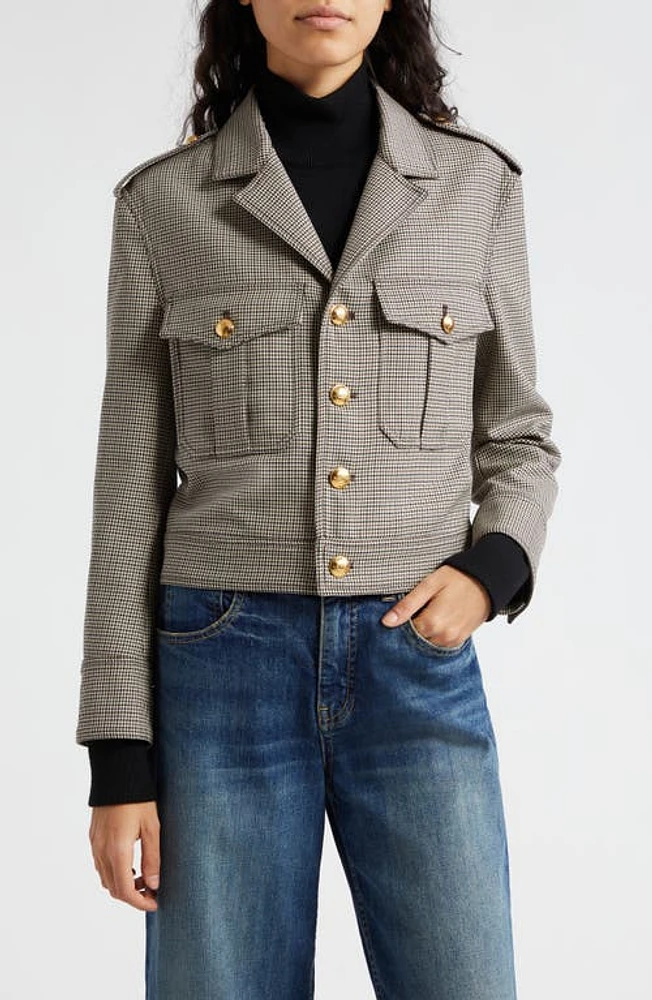 Nili Lotan Lise Crop Virgin Wool Military Blazer Black/Brown Houndstooth at Nordstrom,