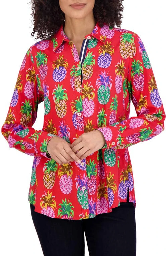 Foxcroft Zoey Pineapple Print Cotton Button-Up Shirt Red/Multi at Nordstrom,