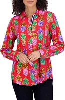 Foxcroft Zoey Pineapple Print Cotton Button-Up Shirt Red/Multi at Nordstrom,