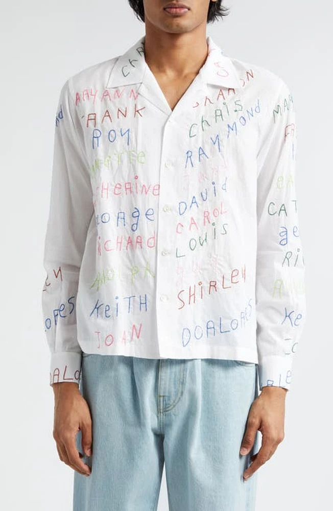 Bode Familial Hall Embroidered Long Sleeve Camp Shirt White Multi at Nordstrom,