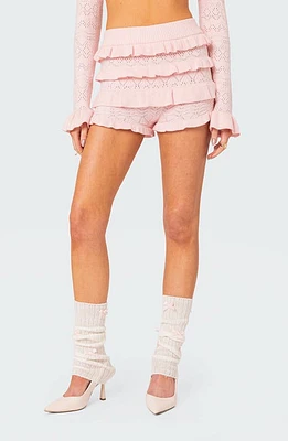 EDIKTED Lindsay Ruffle Knit Shorts Light-Pink at Nordstrom,