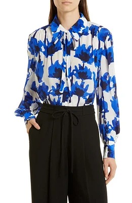 JASON WU Floral Tie Neck Chiffon Blouse Chalk/Blue Multi at Nordstrom,