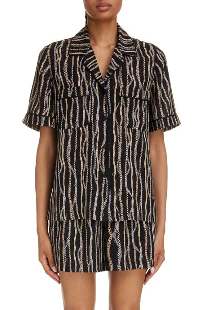 Chloé Chain Print Piped Silk Camp Shirt in Black at Nordstrom, Size 10 Us