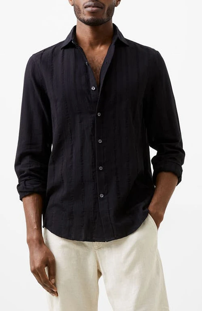 French Connection Tonal Stripe Button-Up Shirt Black at Nordstrom,